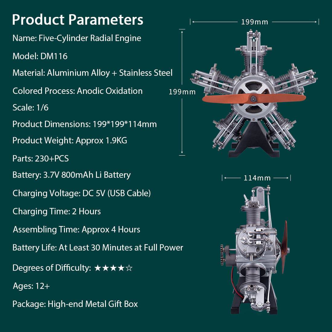 1/6 5-Cylinder Radial Engine Model Kit(230+pcs)