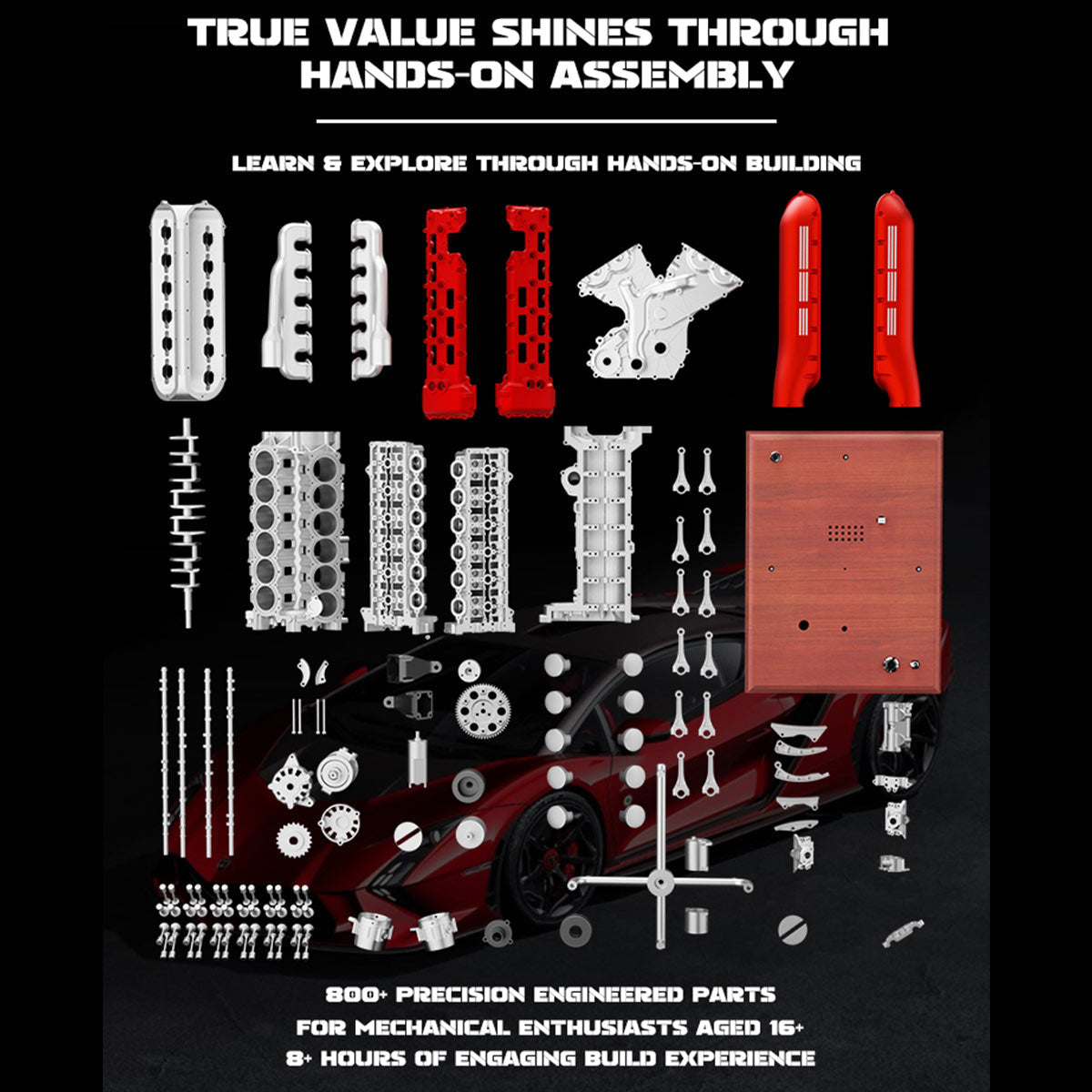 1/4 V12 Visible Electric Supercar Engine DIY Metal Kit(800+PCS)