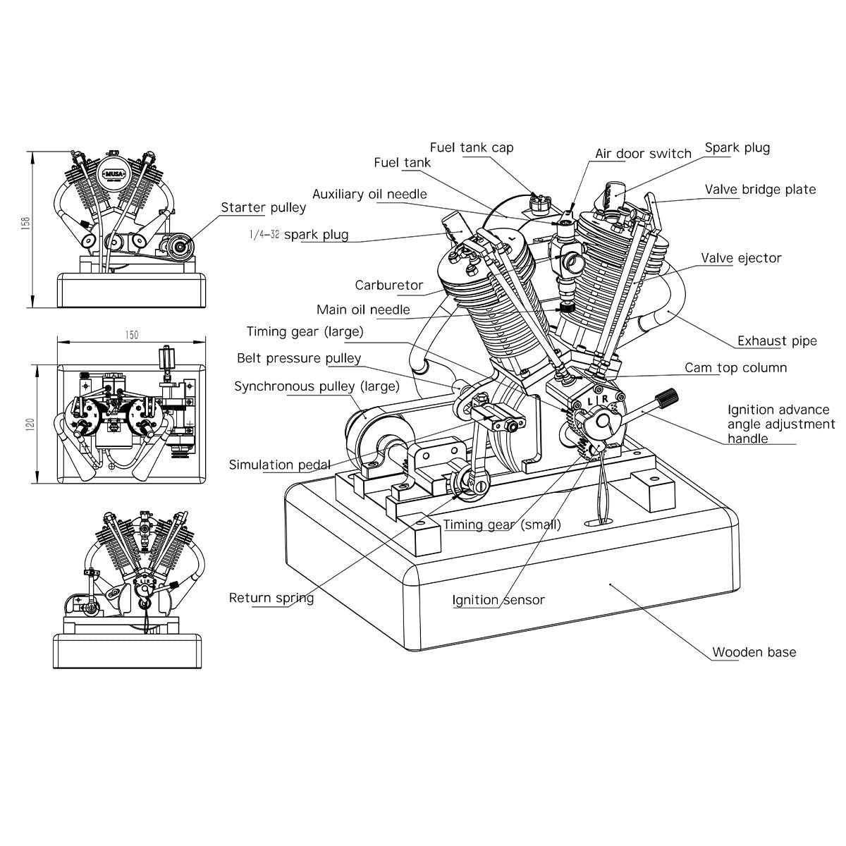 Hoglet V-Twin 4-Stroke Kick-Start Gasoline Motorcycle Engine Model