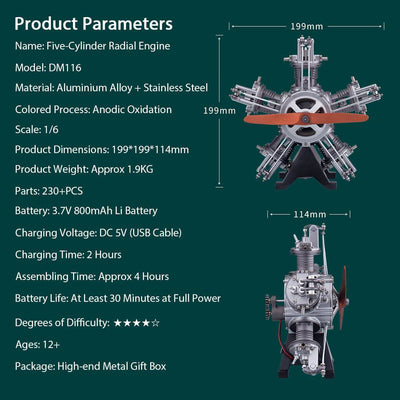 1/6 5-Cylinder Radial Engine Model Kit（230+pcs）