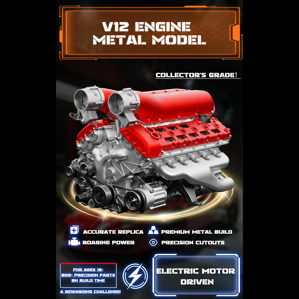 1/4 V12 Visible Electric Supercar Engine DIY Metal Kit（800+PCS）