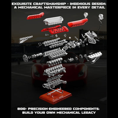 1/4 V12 Visible Electric Supercar Engine DIY Metal Kit（800+PCS）